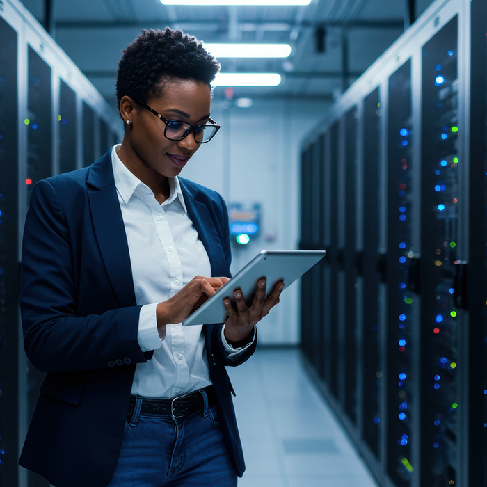 Woman using tablet in data center 