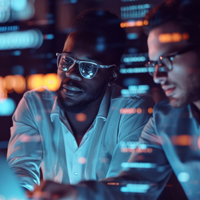 two businessmen working in the office superimposed over multiple lines of computer code